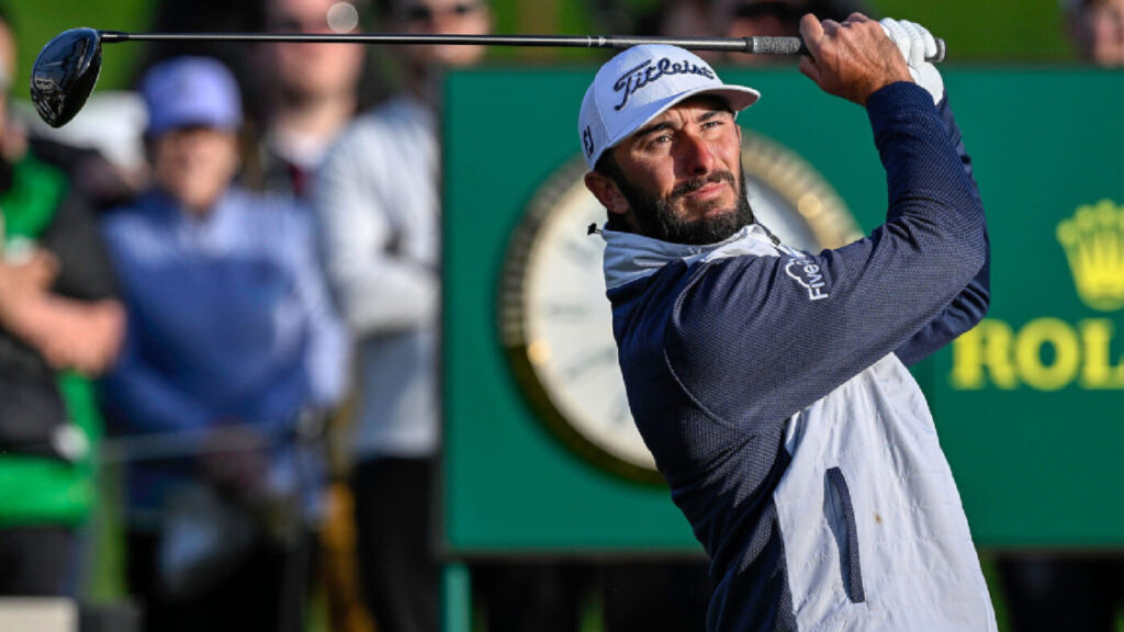 Pacific Palisades, California, USA. 16th Feb, 2023. Max Homa tees off the 10th tee to begin the first round of The Genesis Invitational at Riviera Country Club. Febrary 16, 2023 (Credit Image: © Mark Edward Harris/ZUMA Press Wire) EDITORIAL USAGE ONLY! No